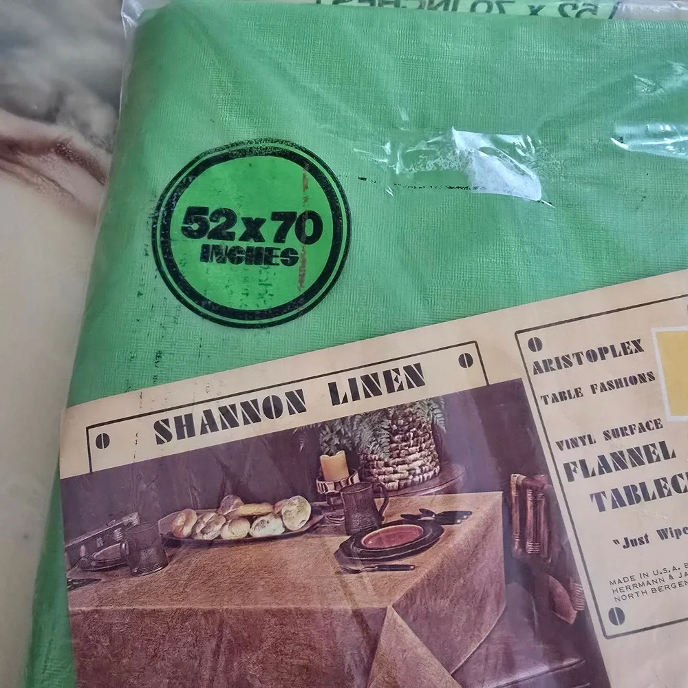 Vintage Shannon Linen Aristoplex Green Vinyl Flannel Back Tablecloth 52x70 New